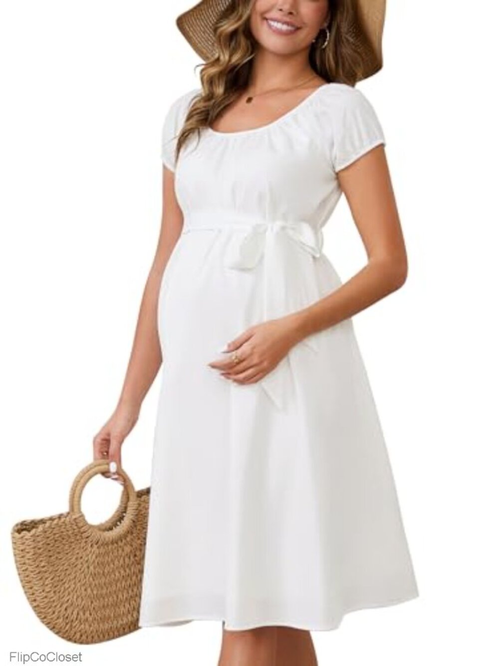 Maternity Boho Babydoll Dress Short Sleeve Tie Waist Pleated Flowy Midi